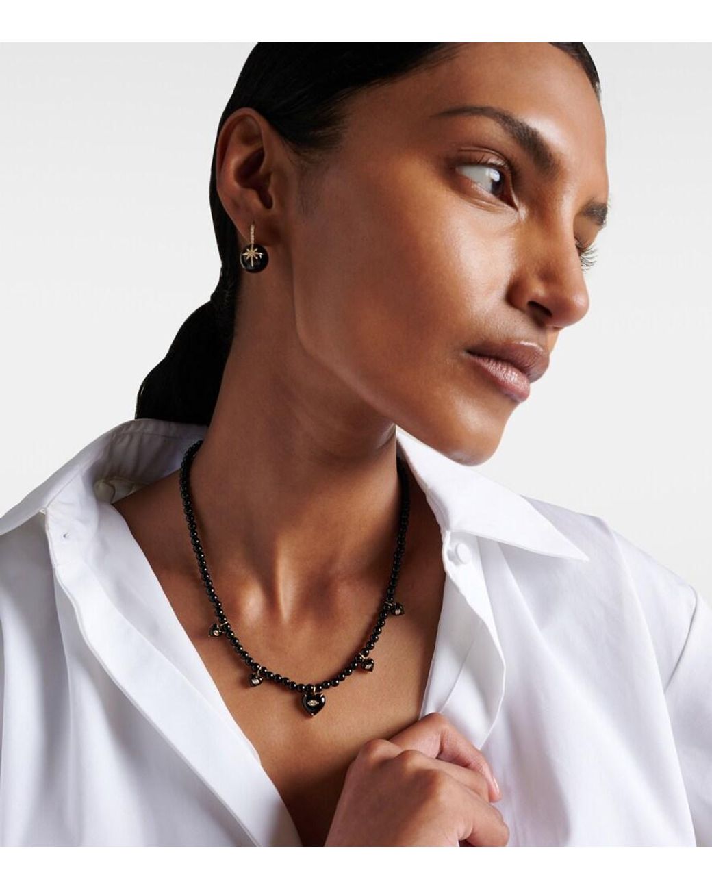 Sydney Evan Metallic Carved Heart 14Kt Beaded Necklace With Diamonds And Onyx