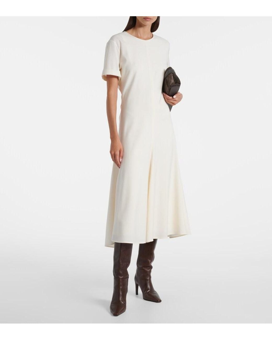 Brunello Cucinelli White Wool-Blend Midi Dress
