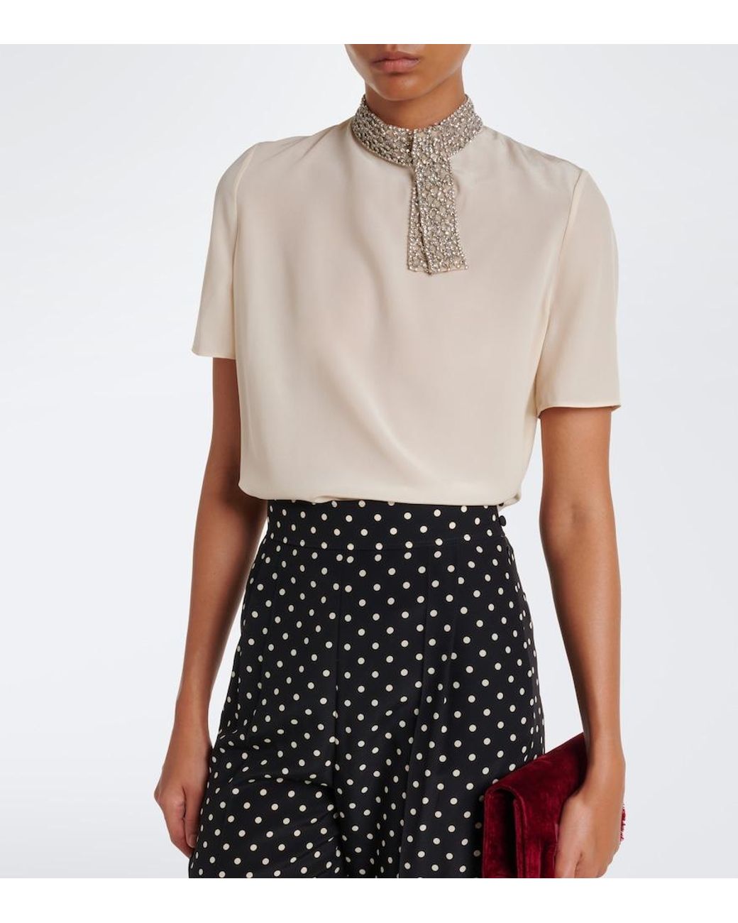 Valentino Natural Embellished Silk Crepe De Chine Top