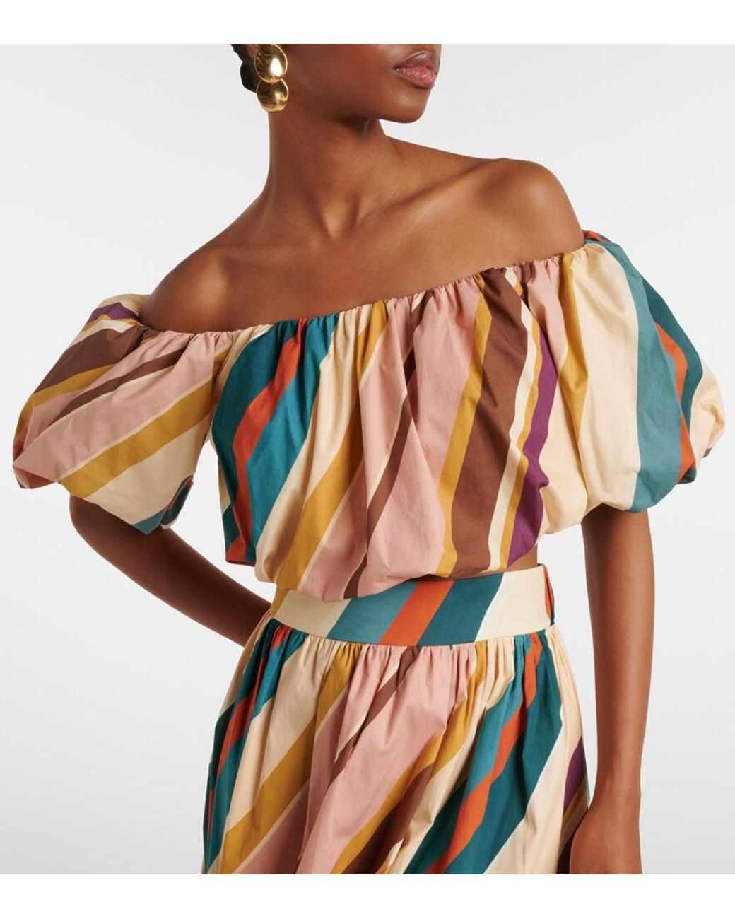 Adriana Degreas White Striped Off-Shoulder Cotton-Blend Crop Top