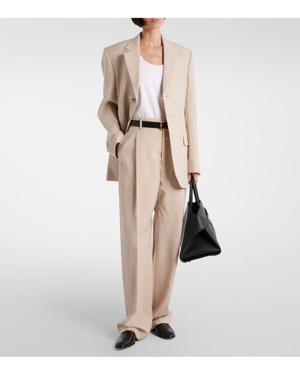 Wardrobe NYC Natural Mid-Rise Wool Straight Pants