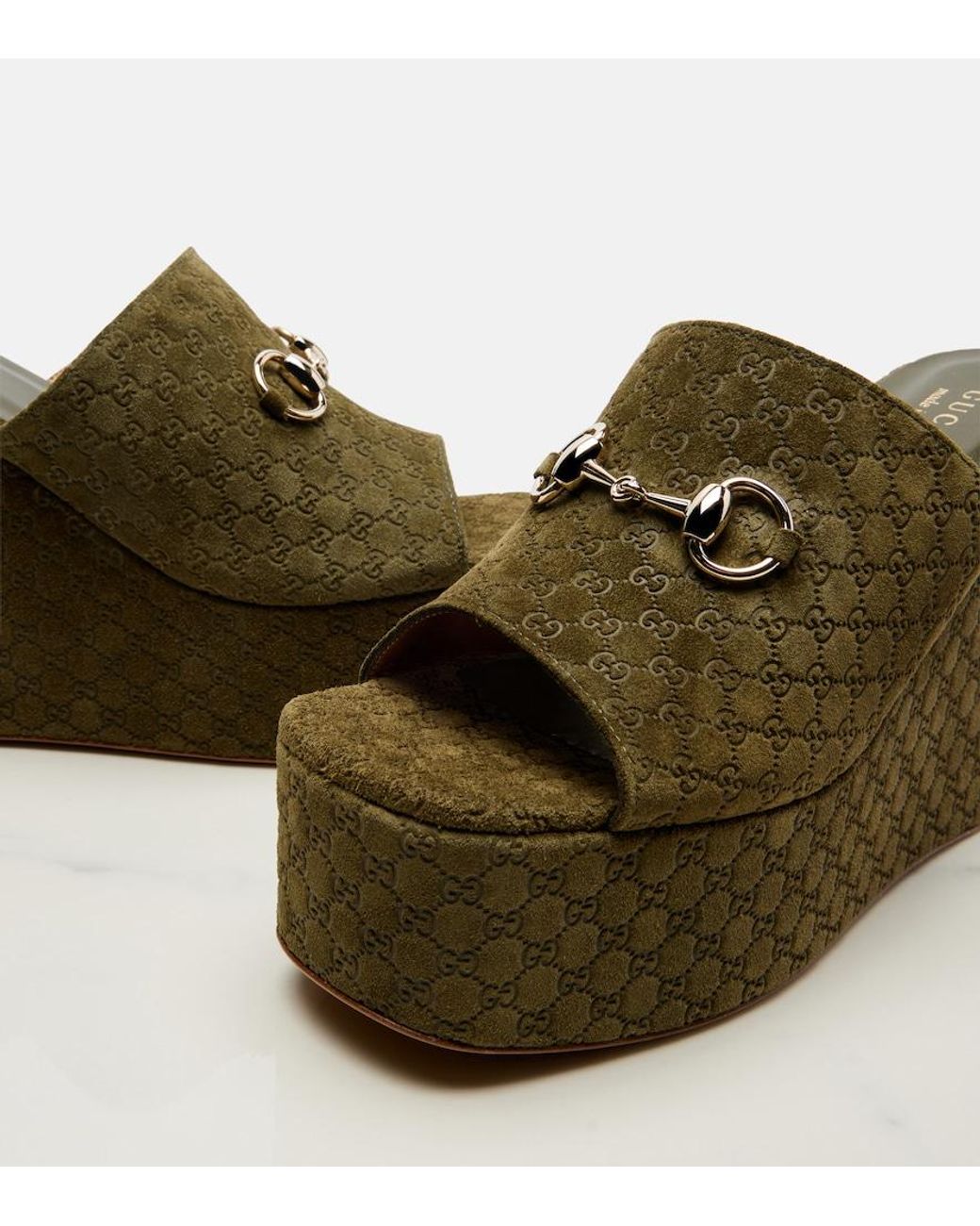 Gucci Green Horsebit Gg Suede Wedge Mules
