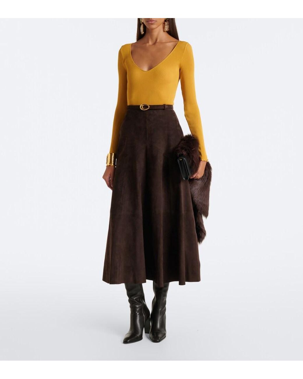 Nour Hammour Brown Garnier Suede Midi Skirt