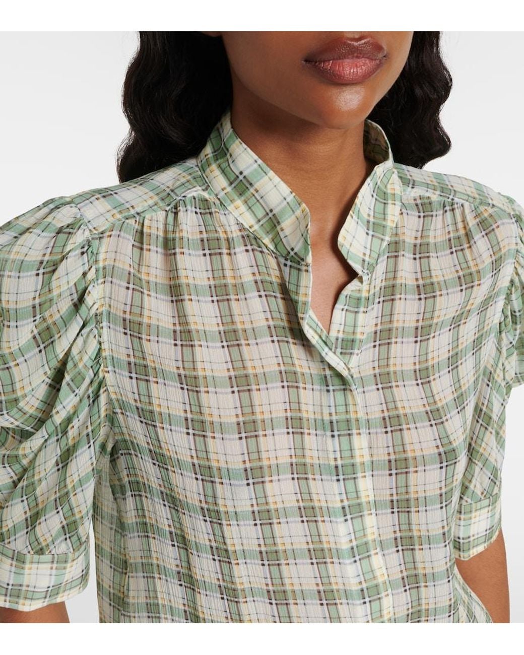 FRAME Green Gillian Checked Silk Blouse