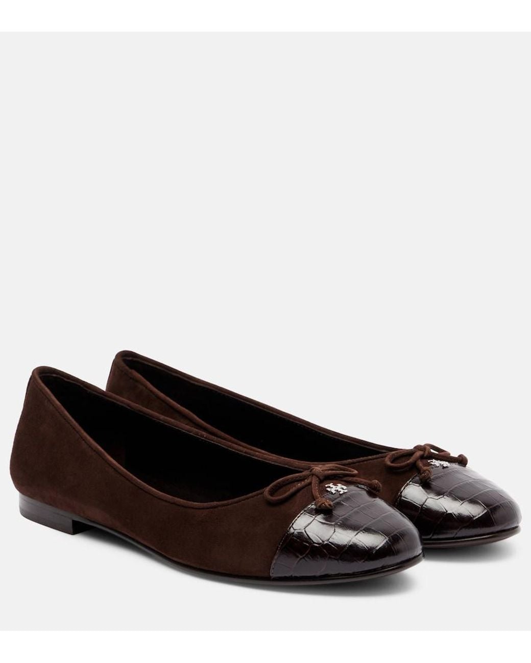 Tory Burch Brown Cap Toe Croc-Effect Suede Ballet Flats