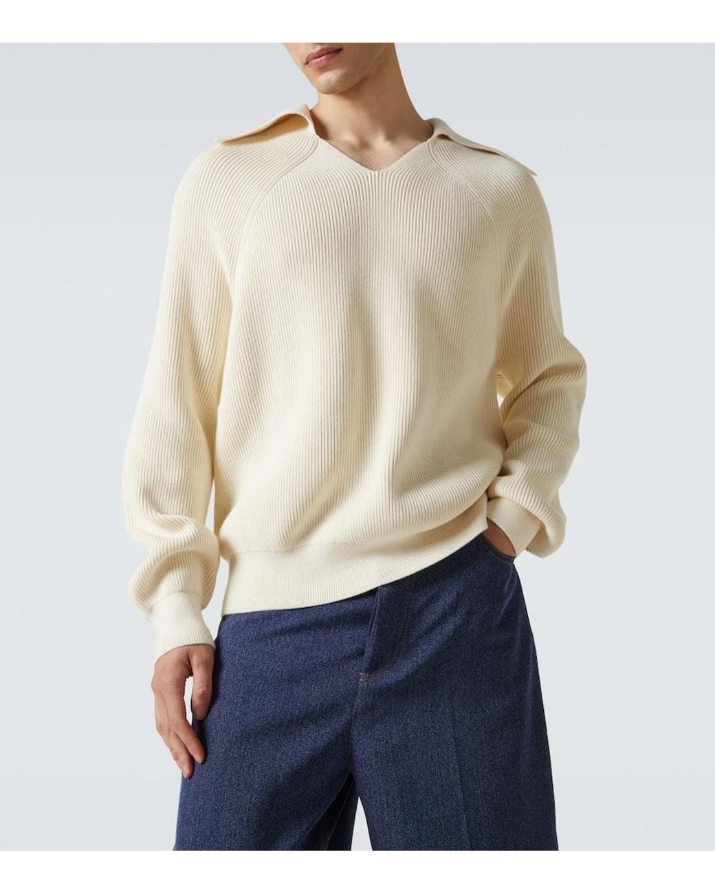 Bottega Veneta White Ribbed-Knit Cotton Polo Sweater for men