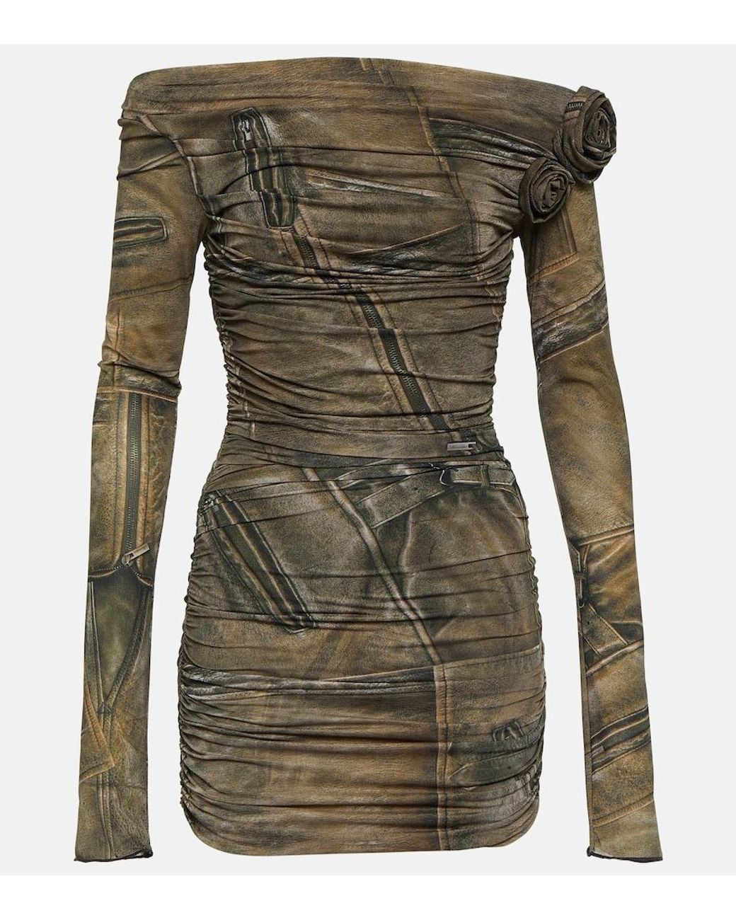 Blumarine Green Printed Off-Shoulder Minidress