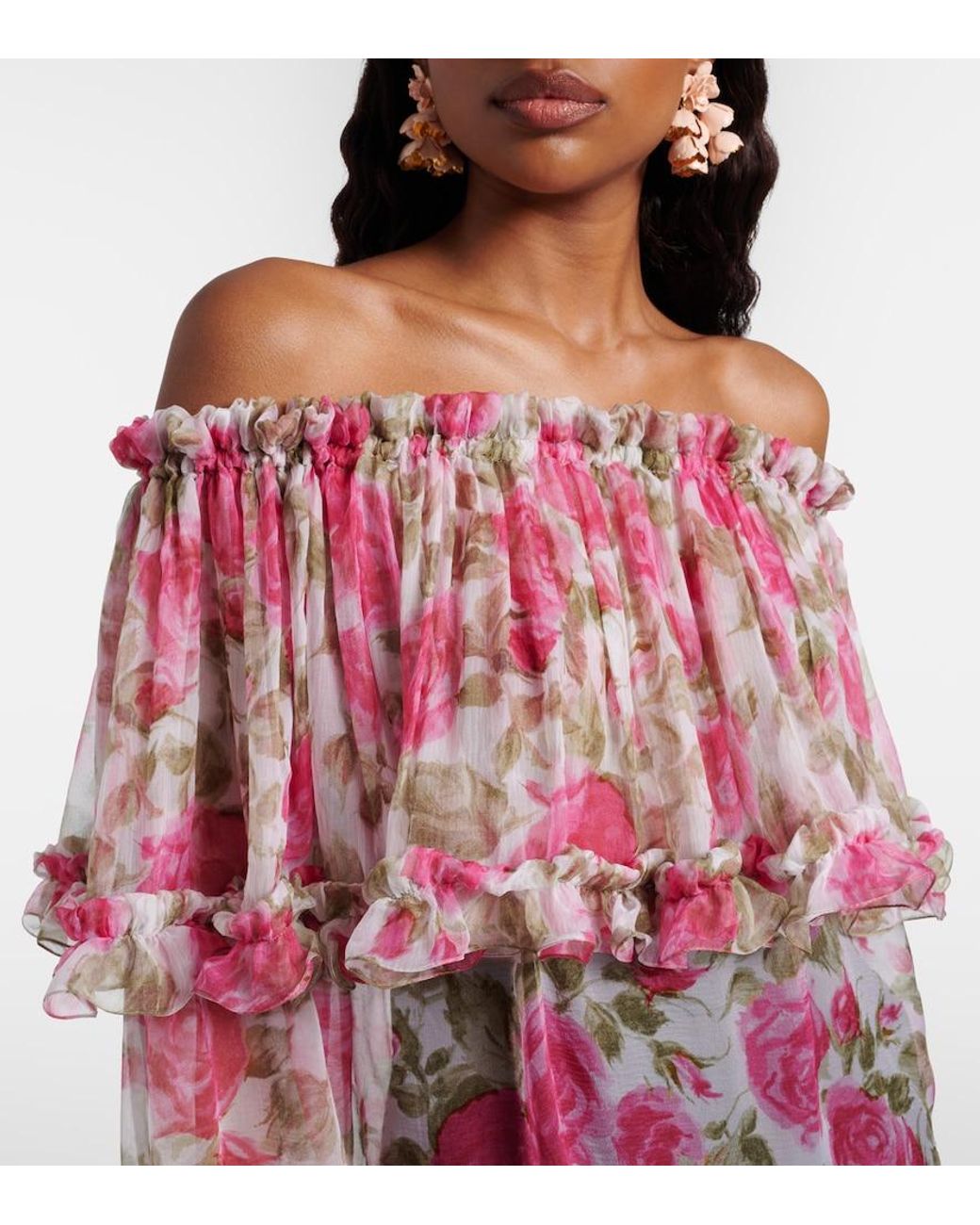 Chloé Pink Floral Off-Shoulder Silk Top