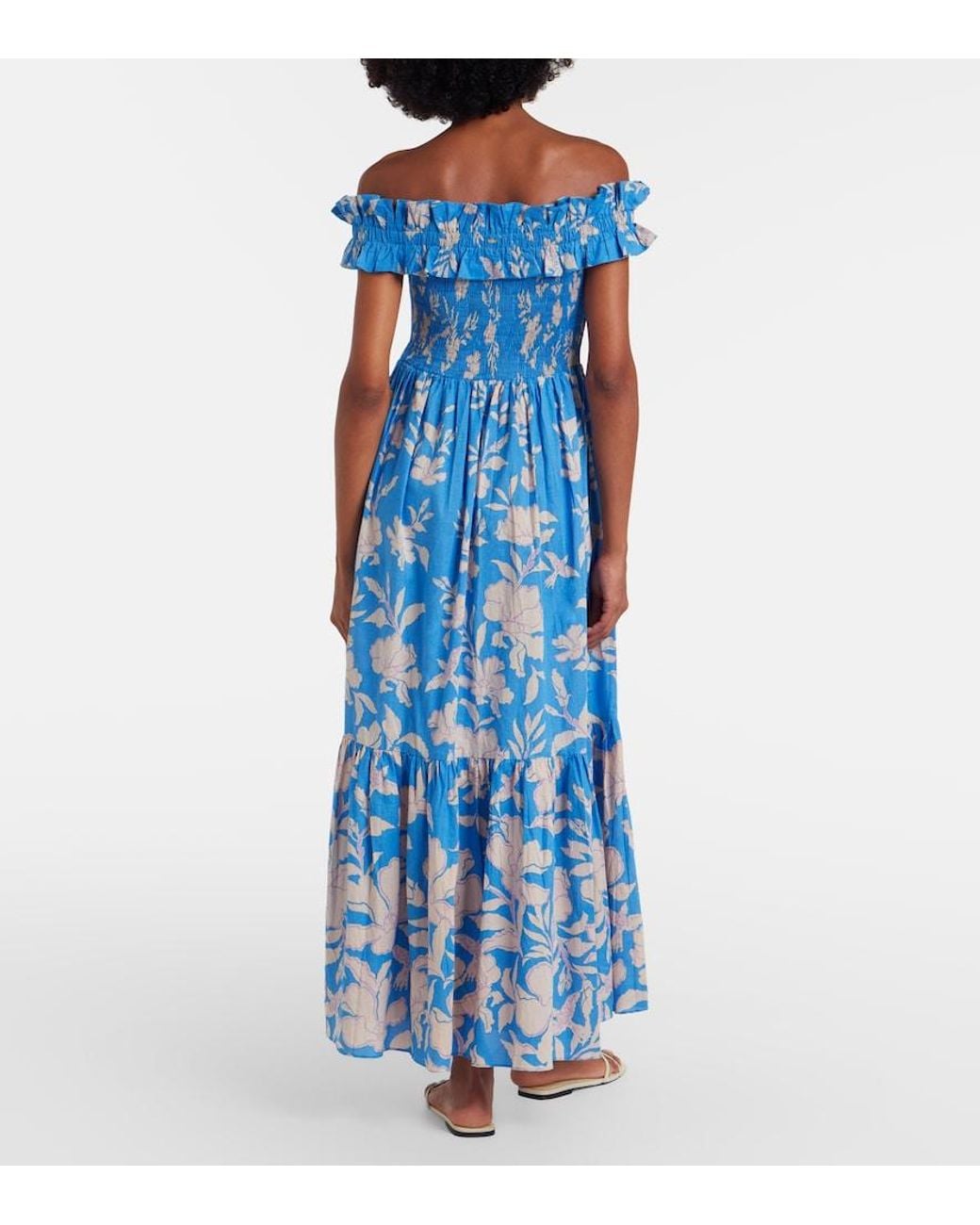 Poupette Blue Suzanne Shirred Cotton Muslin Maxi Dress