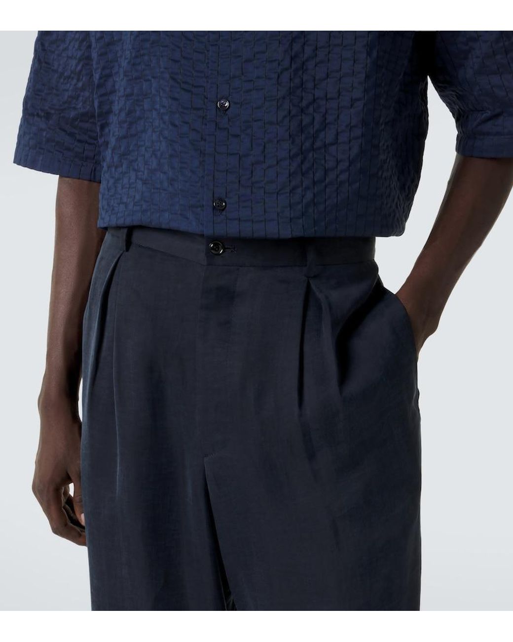 Giorgio Armani Blue Pleated Satin Wide-Leg Pants for men