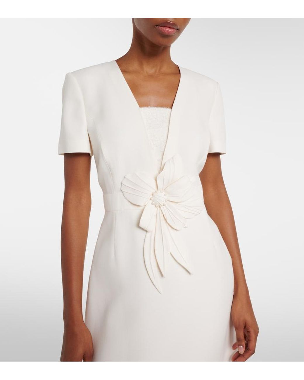 Valentino Garavani White Crepe Couture Floral-Applique Midi Dress