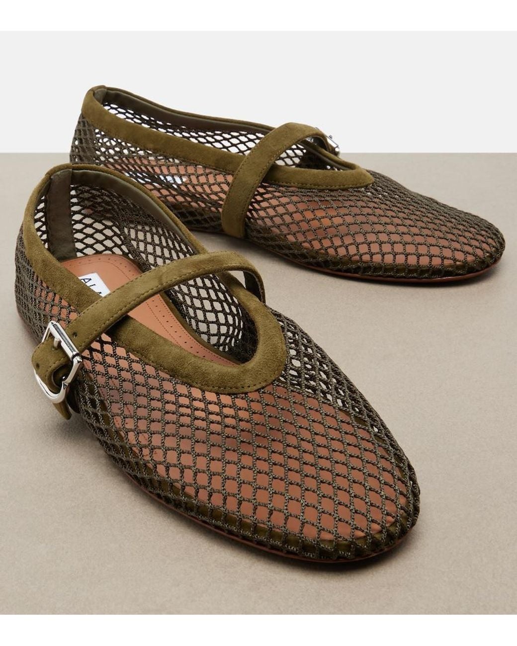 Alaïa Brown Suede-Trimmed Fishnet Ballet Flats