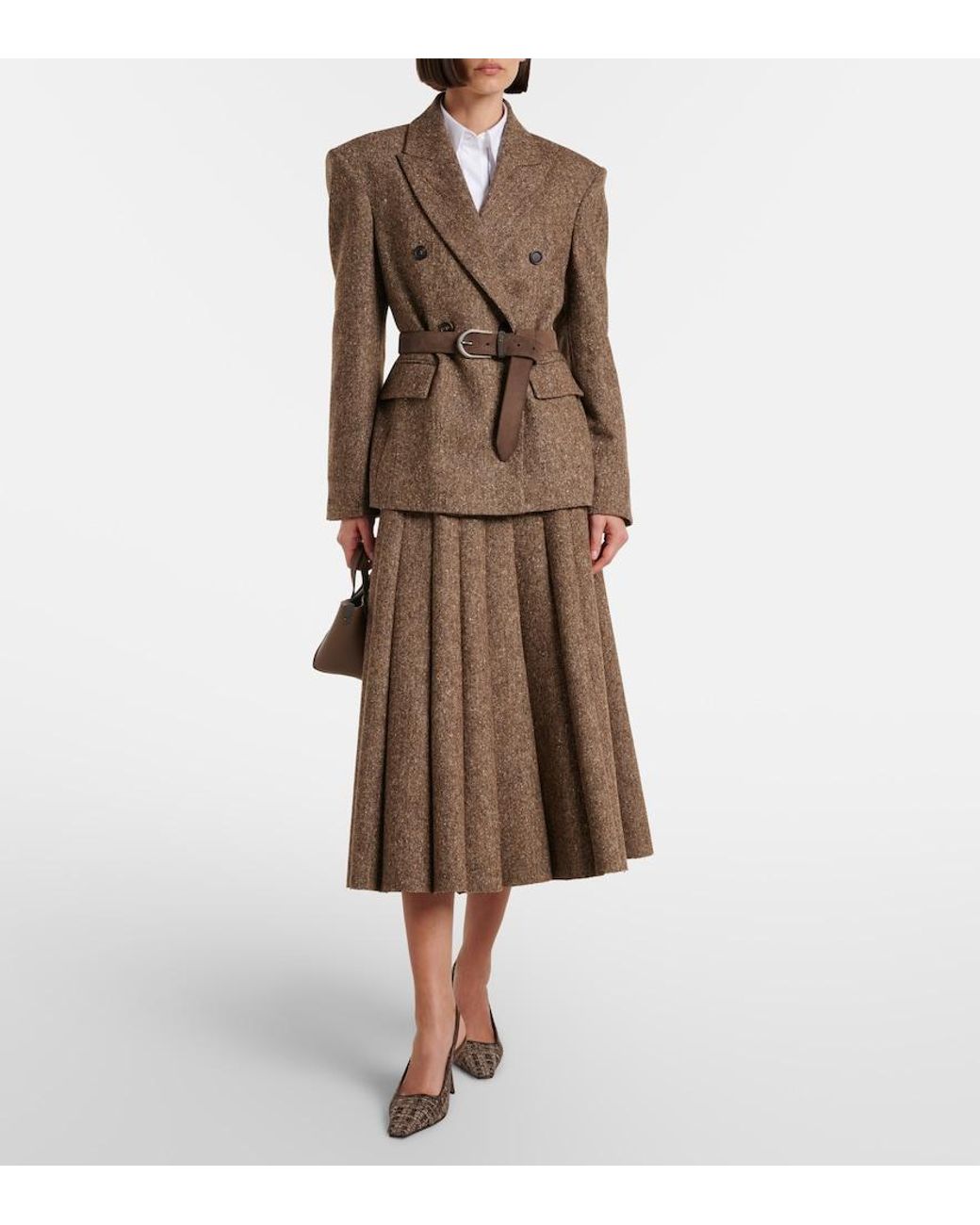 Brunello Cucinelli Brown Pleated Wool-Blend Tweed Midi Skirt