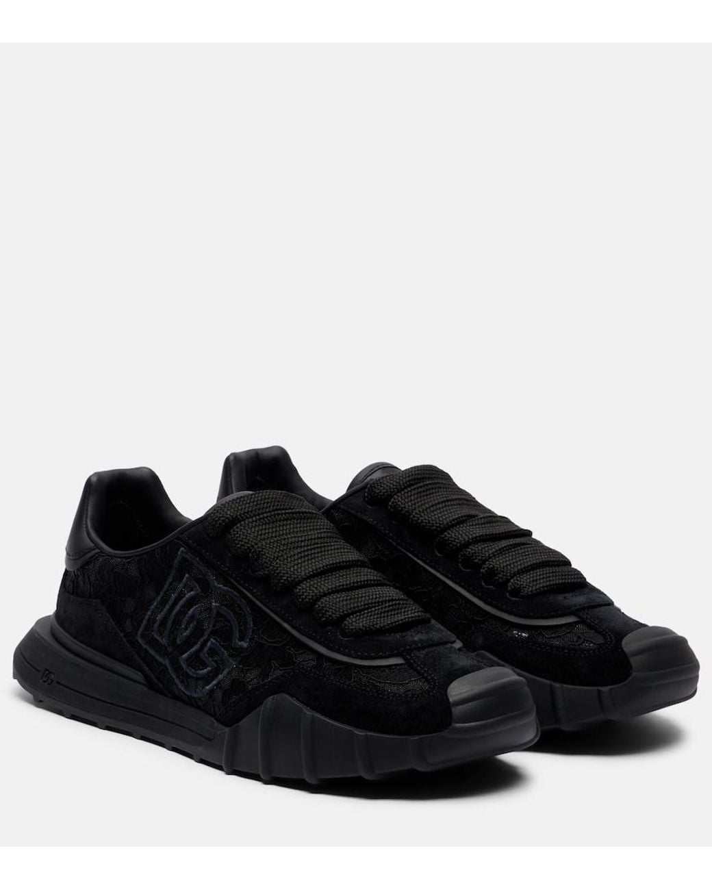 Dolce & Gabbana Black Runner Leather-Trimmed Lace Sneakers