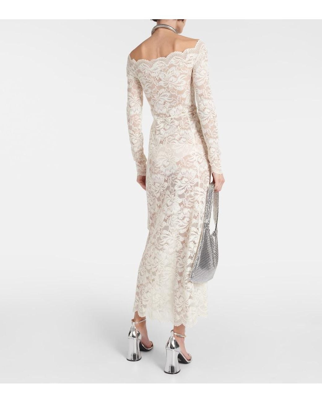 rabanne off-shoulder lace maxi dress Off-the-shoulder twist-front metallic lace maxi dress - silver