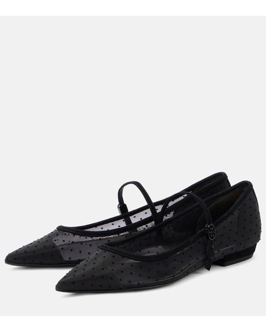 Tory Burch Black Suede-Trimmed Mesh Mary Jane Flats