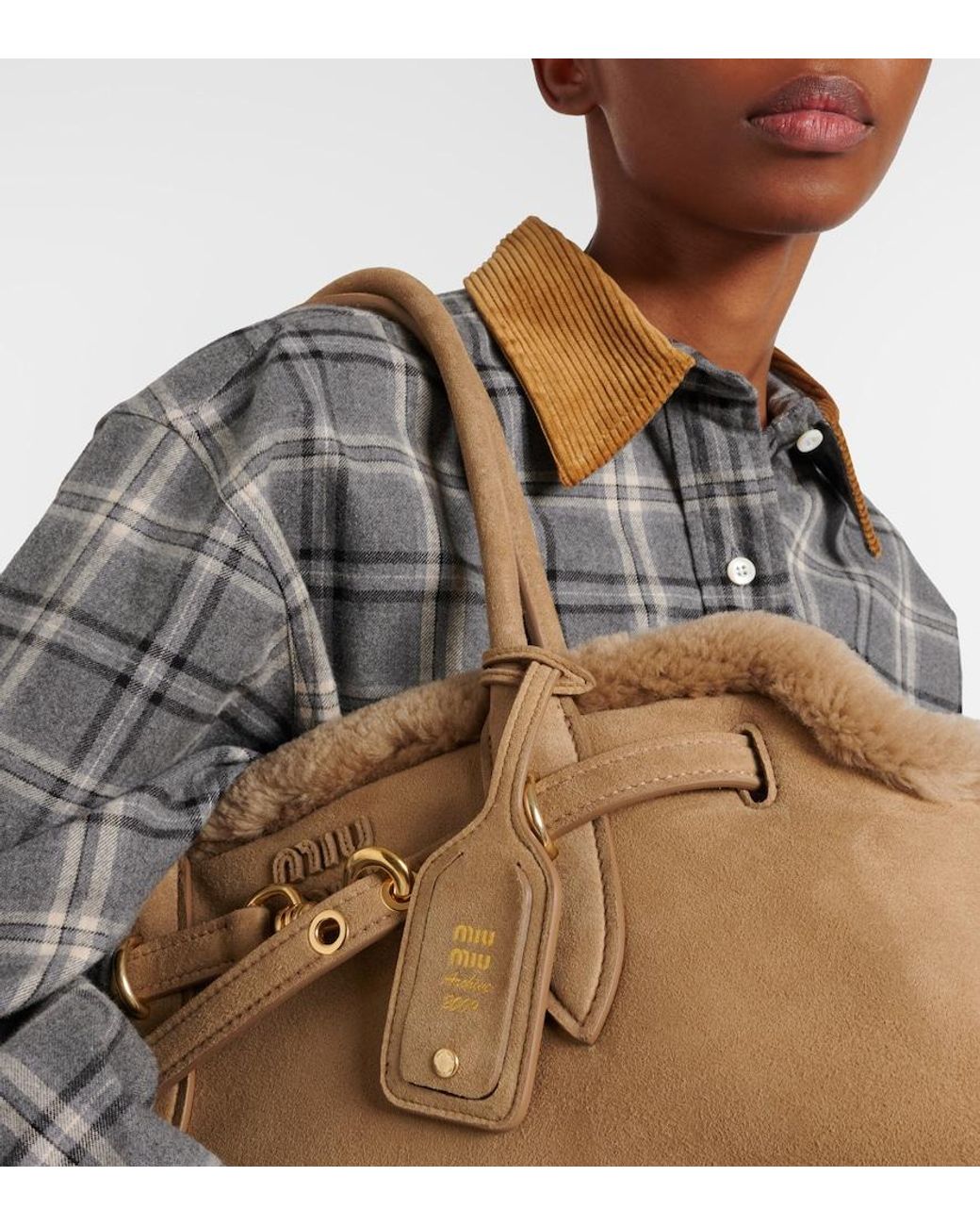 Miu Miu Natural Adventure Shearling-Lined Suede Tote Bag