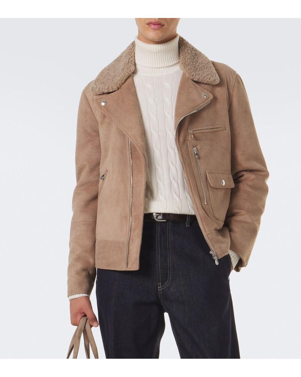 Brunello Cucinelli Natural Shearling-Trimmed Suede Biker for men