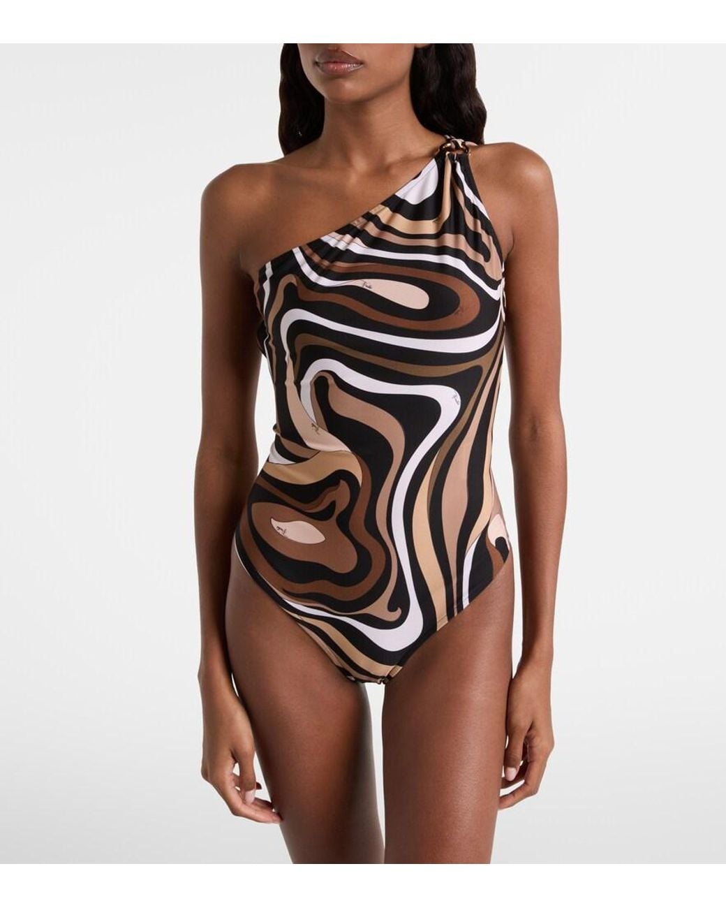 Emilio Pucci Brown Marmo One-Shoulder Swimsuit