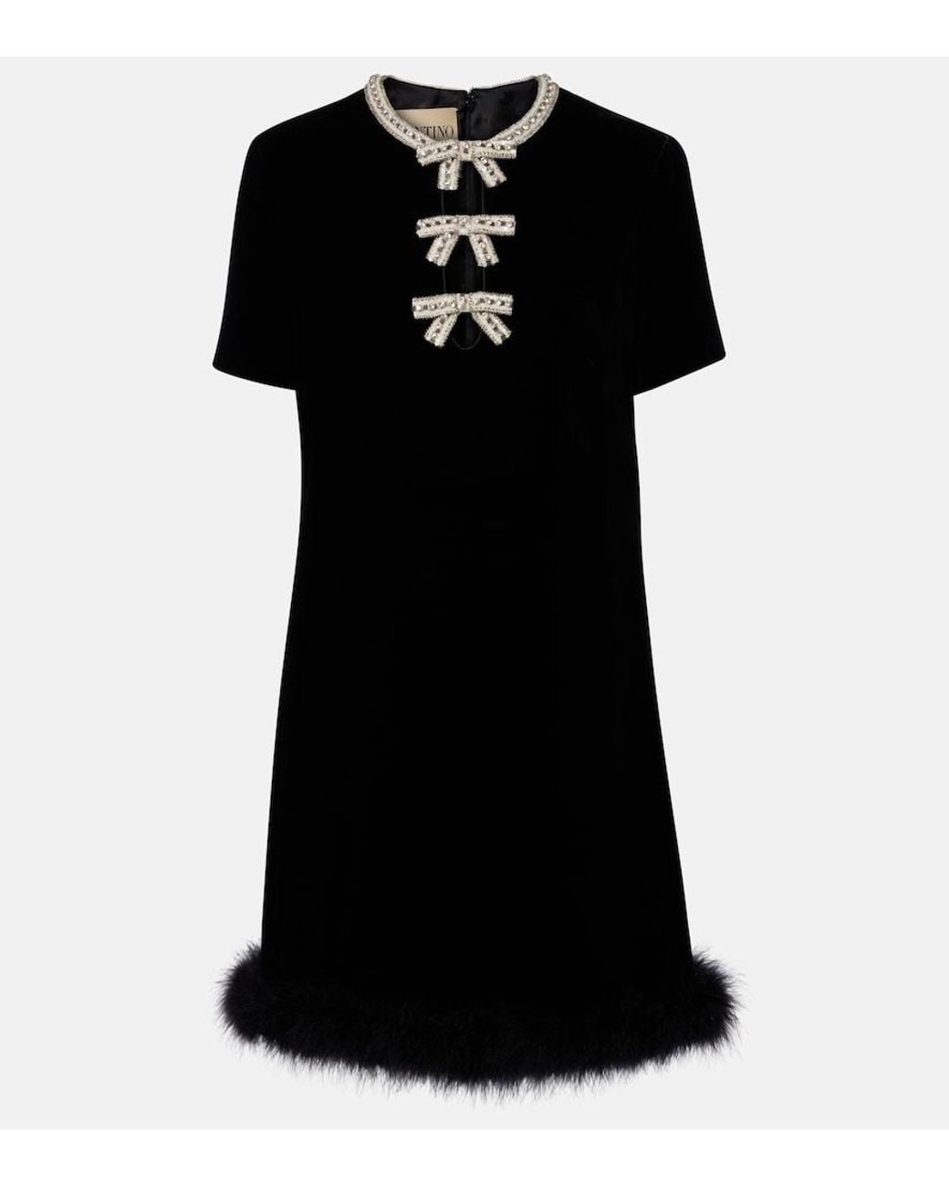 Valentino Garavani Black Embellished Feather-Trimmed Velvet Minidress