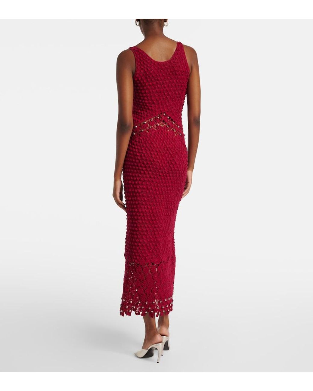 Rabanne Red Embellished Crochet Cotton Midi Dress