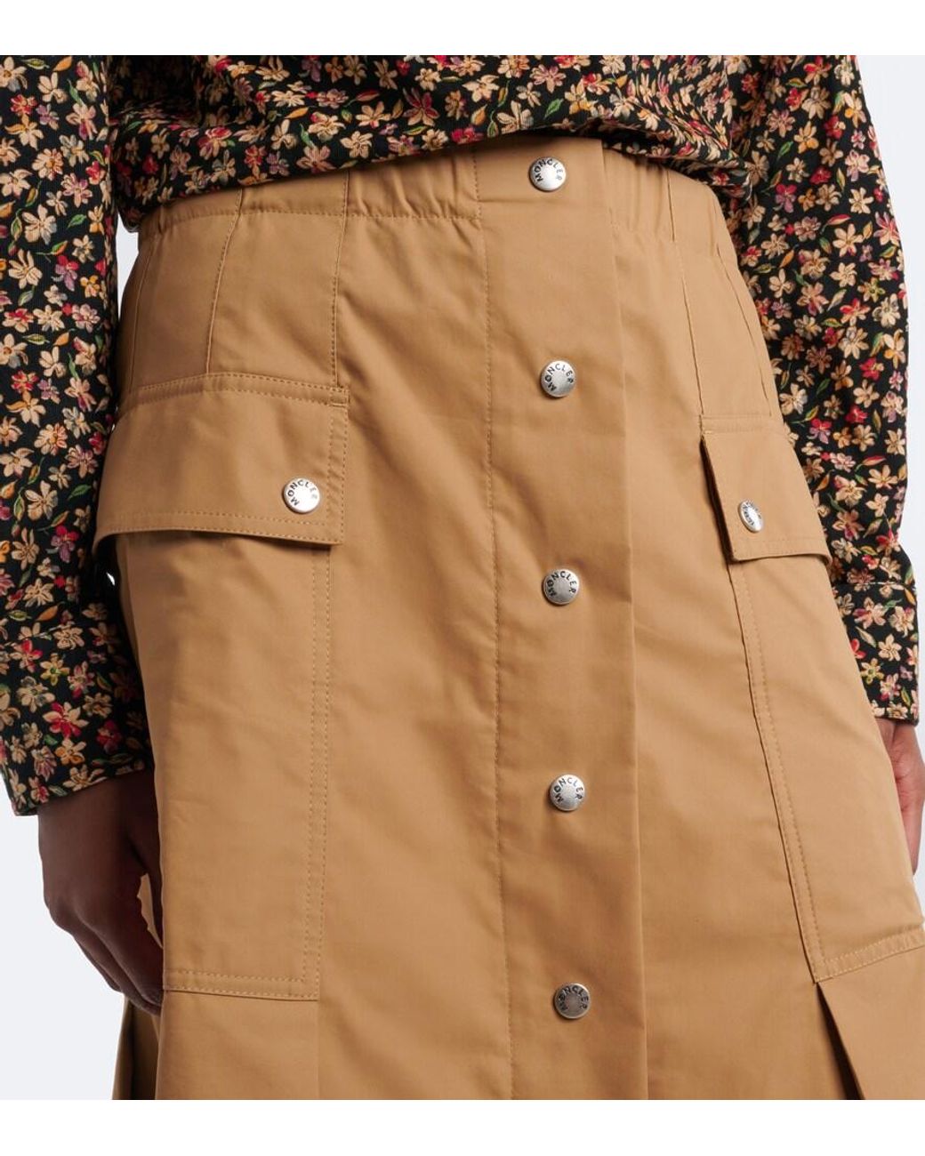 Moncler Natural Pleated Cotton-Blend Midi Skirt