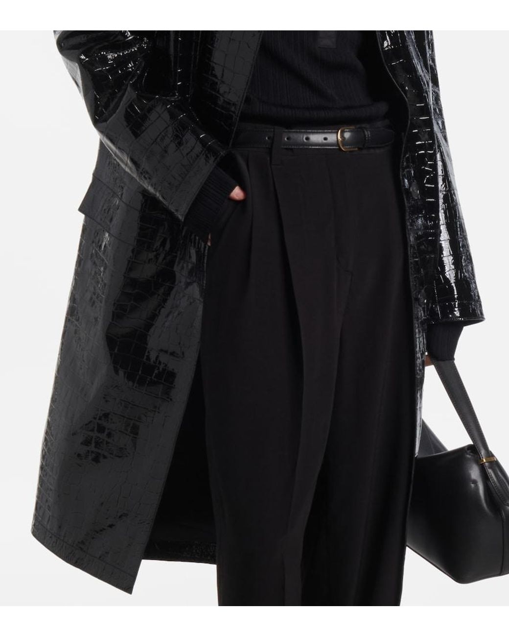 Totême Black Croc-Effect Embossed Leather Coat
