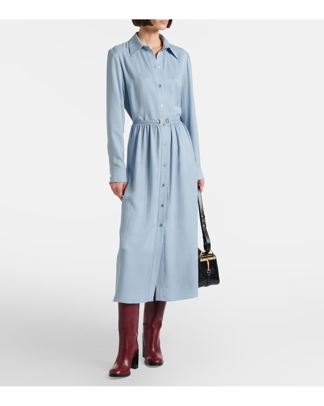 Gucci Interlocking G Belted Silk Shirt Dress in Blue | Lyst