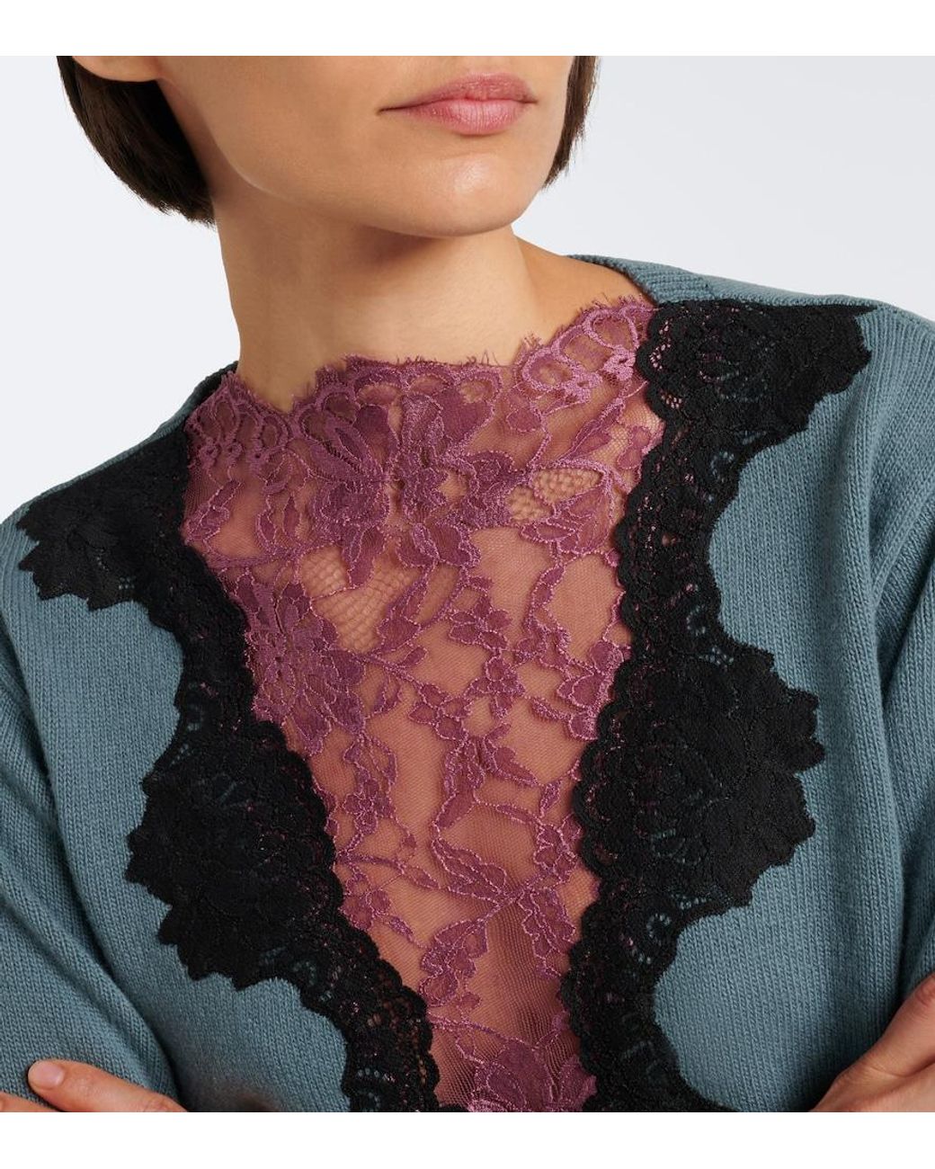 Valentino Blue Lace-Trimmed Virgin Wool Sweater