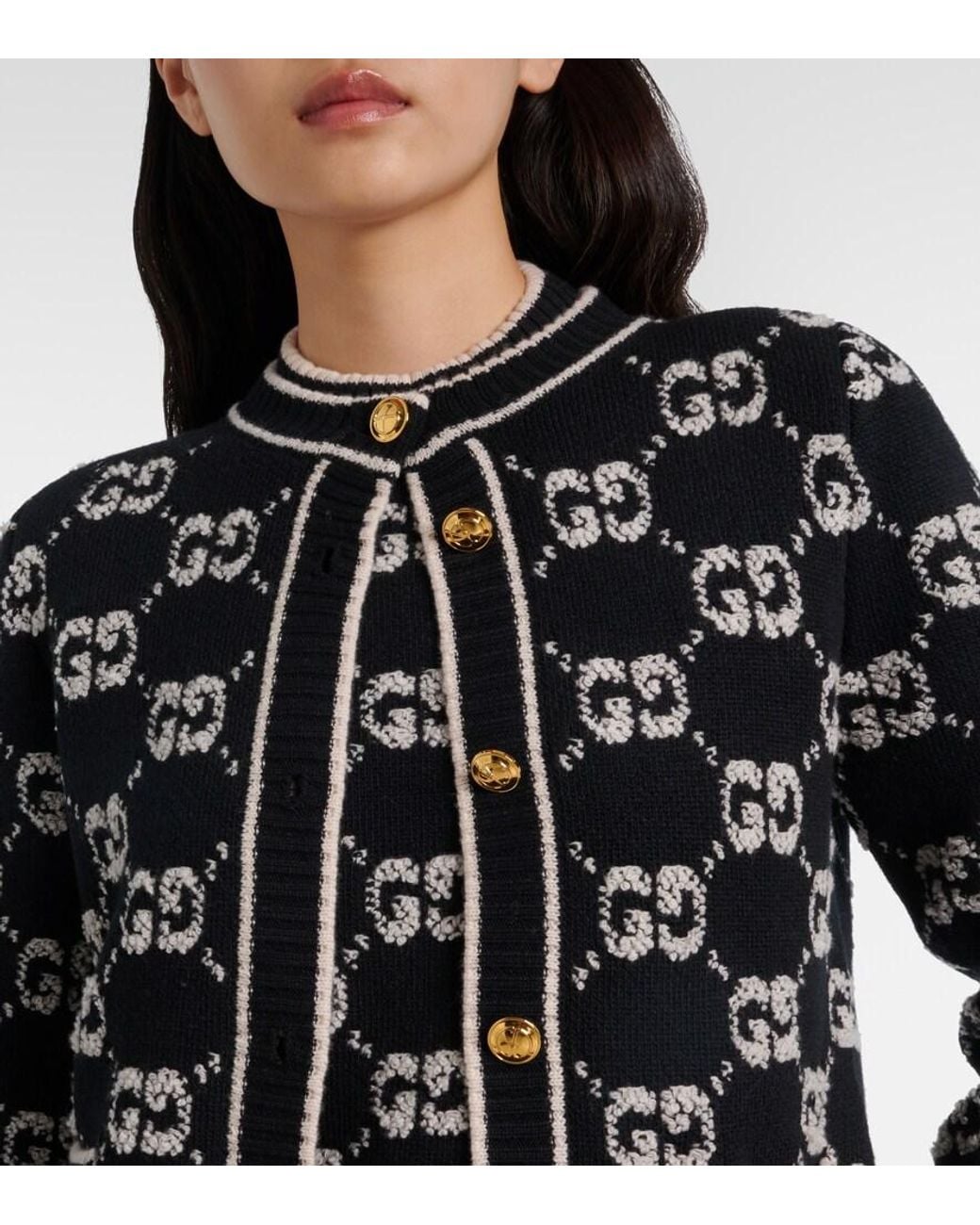 Gucci Black Cardigan Aus Wollbouclé Mit Gg Jacquard, Grösse
