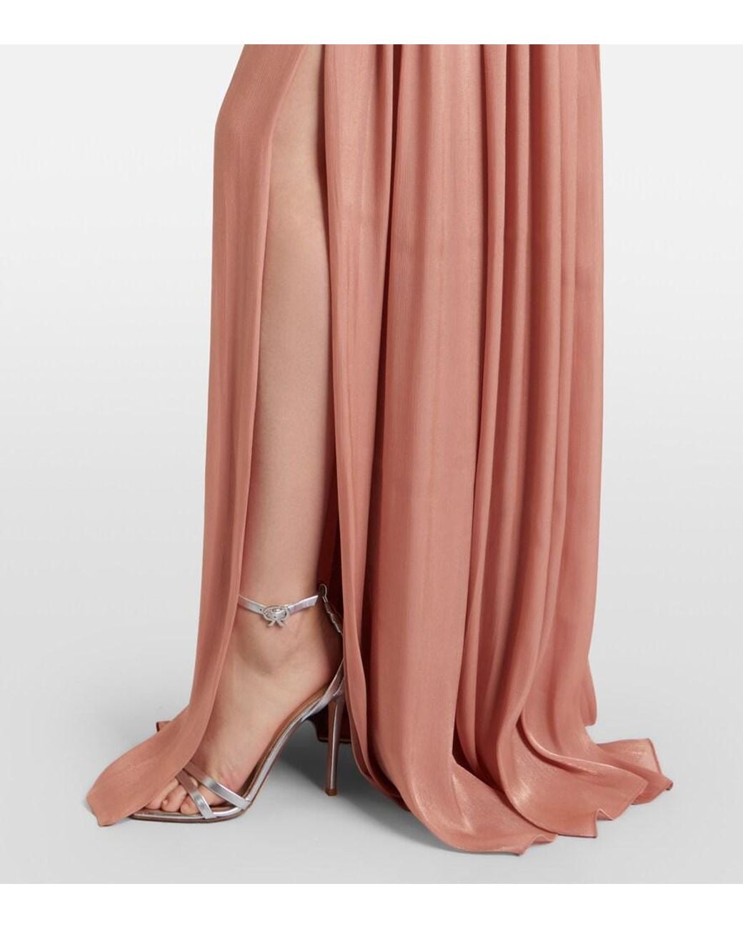Costarellos Pink Embellished Ruched Georgette Gown