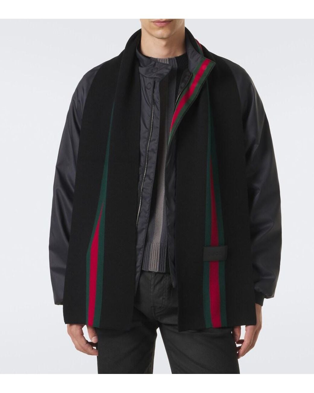 Gucci Black Web Stripe Wool Scarf for men