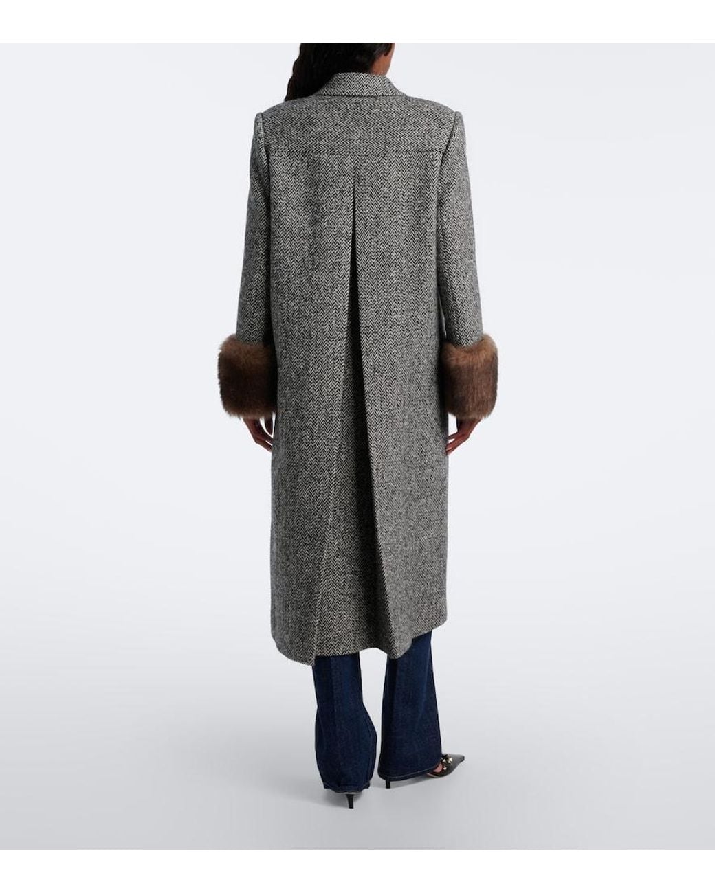 Valentino Garavani Gray Herringbone Shearling-Trimmed Wool-Blend Coat