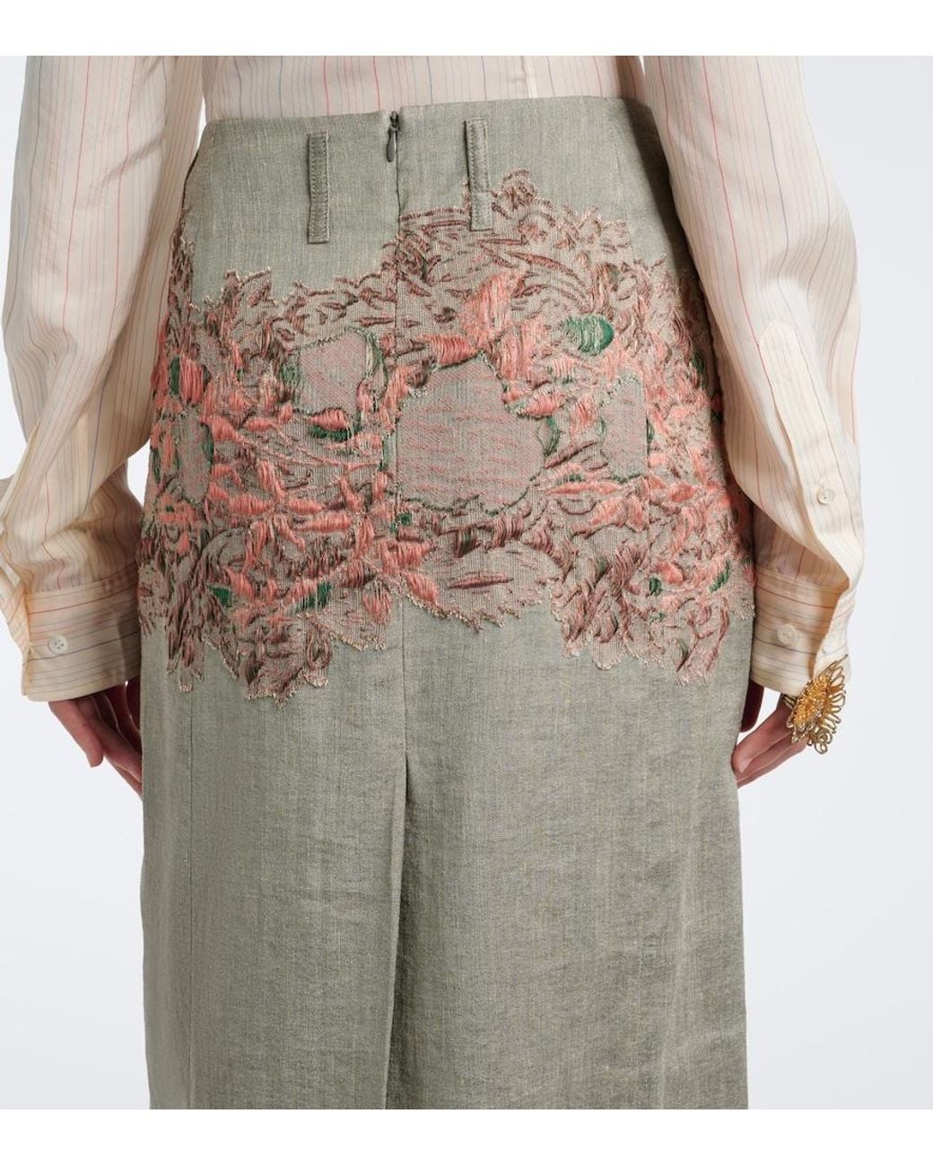 Dries Van Noten Gray Embroidered Linen And Cotton-Blend Midi Skirt