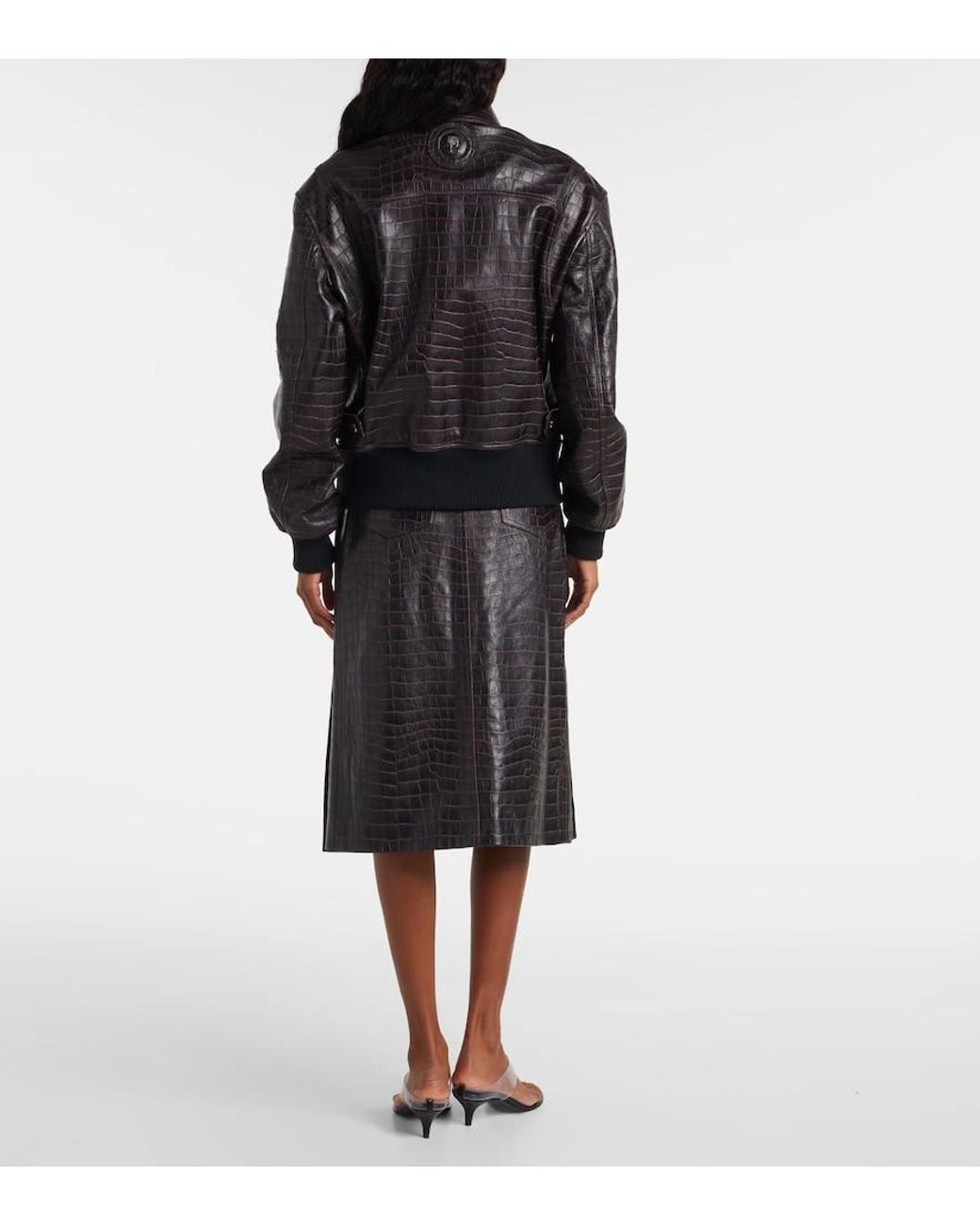 Rabanne Black Pleated Croc-Effect Leather Midi Skirt