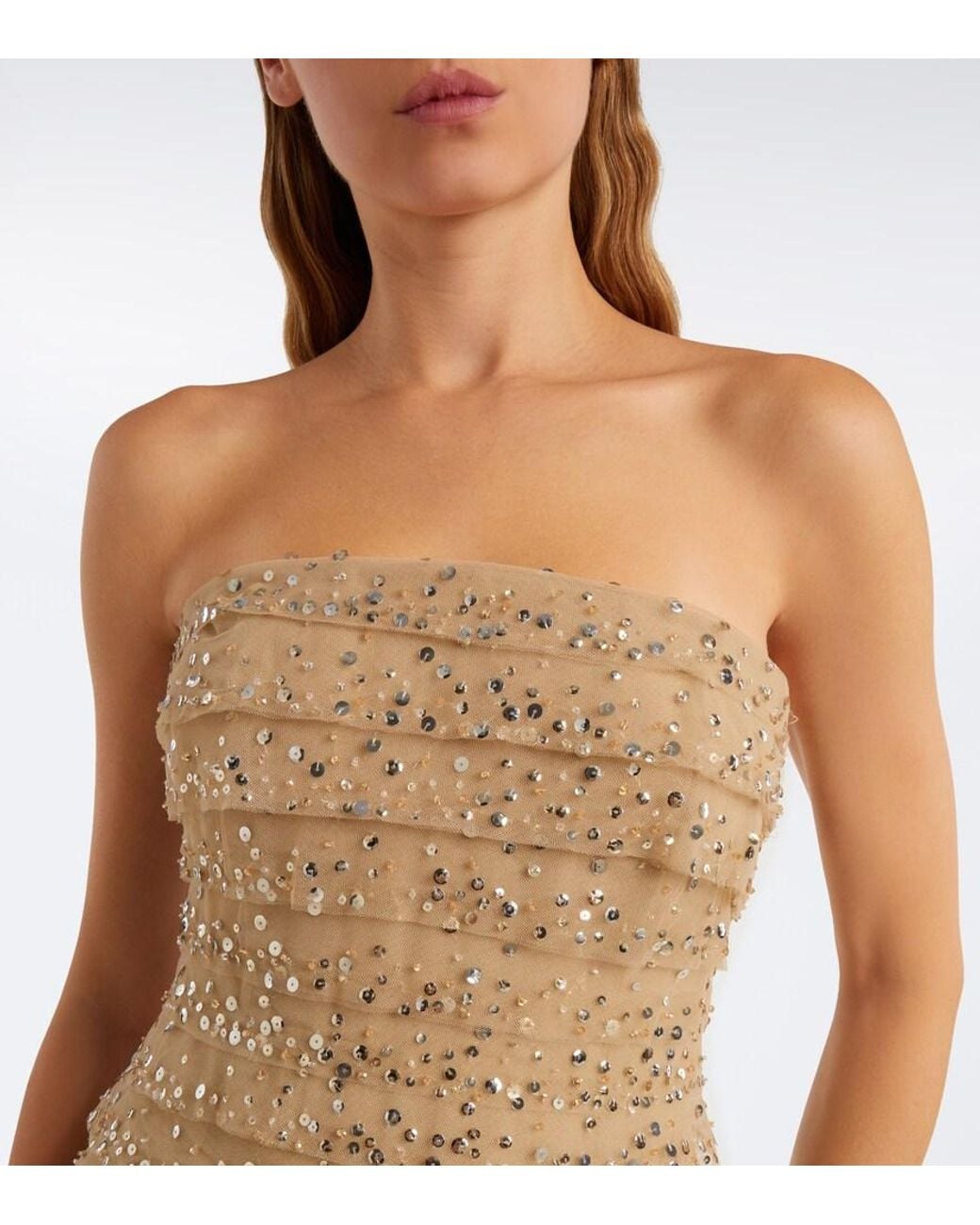 Georges Hobeika Natural Sequined Tiered Tulle Bustier Gown
