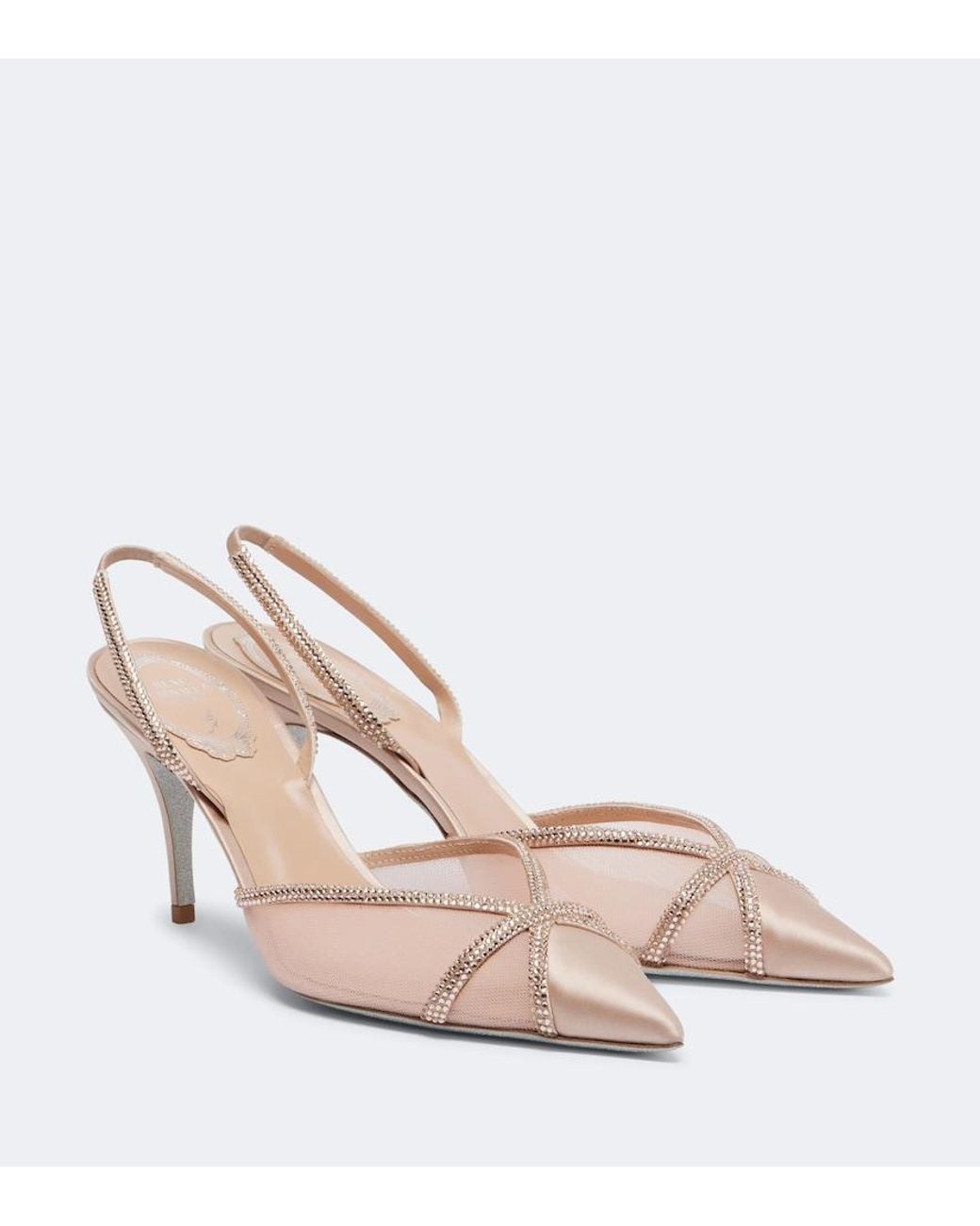 Rene Caovilla Pink Embellished Satin And Mesh Slingback Pumps