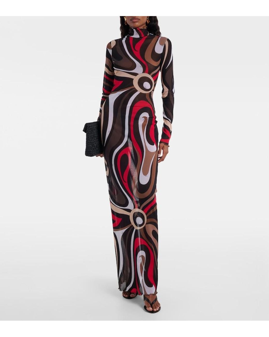 Emilio Pucci Red Printed Tulle-Trimmed Jersey Maxi Dress