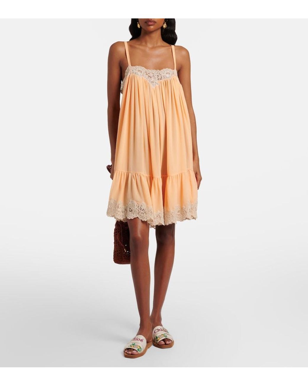 Chloé Orange Lace-Trimmed Silk Georgette Minidress