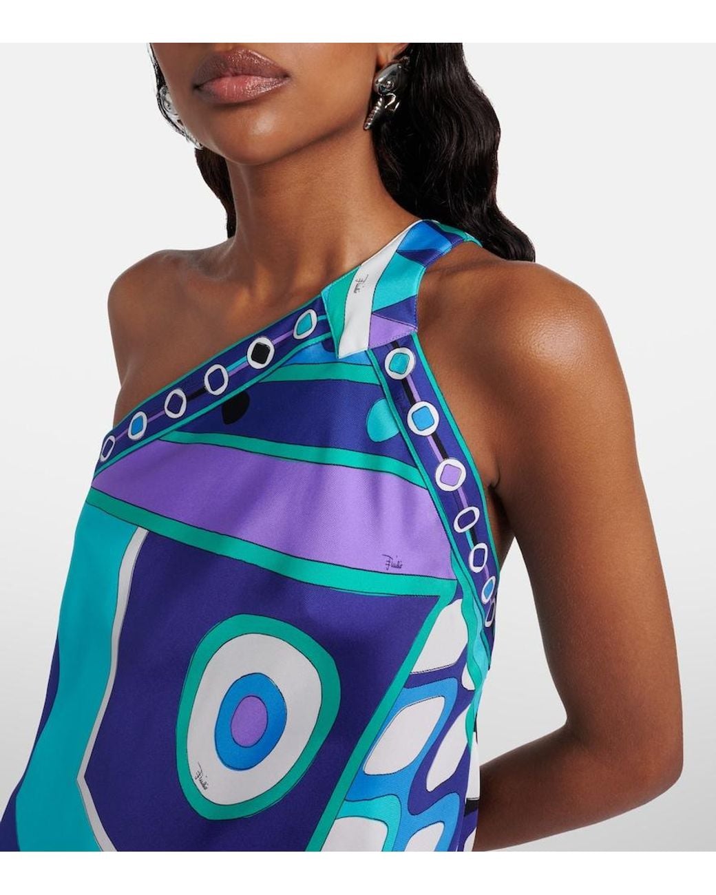Emilio Pucci Blue Vivara Asymmetric Silk Twill Midi Dress