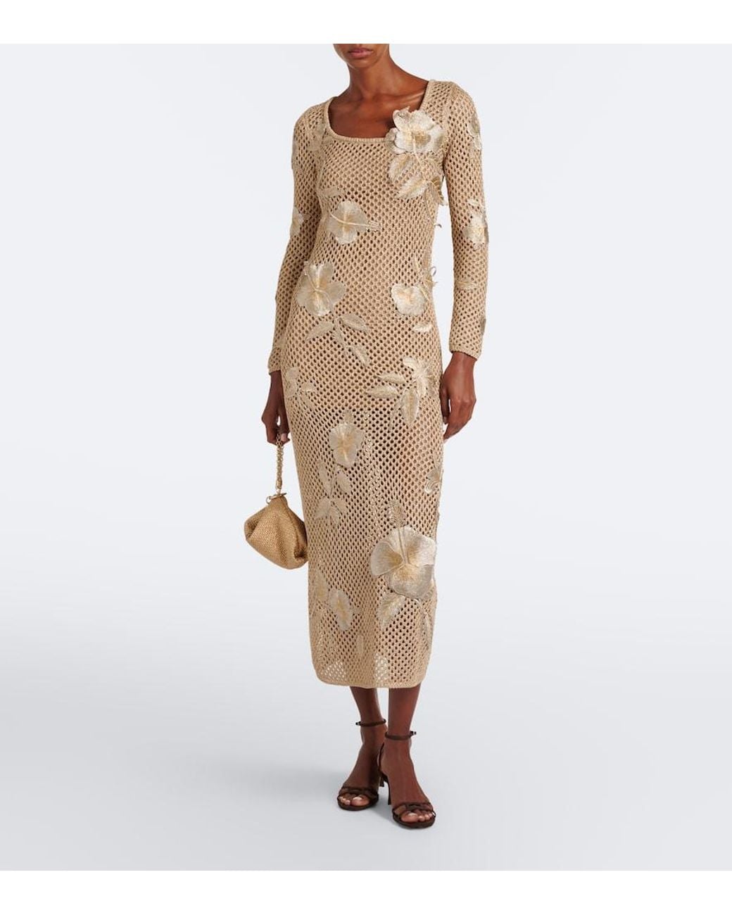Oscar de la Renta Natural Floral-Applique Open-Knit Midi Dress
