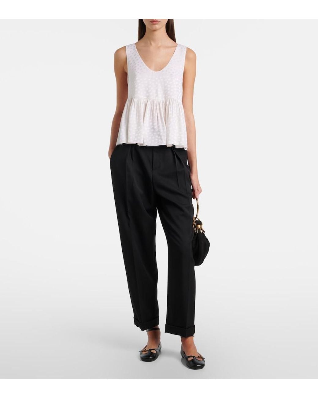 Chloé White Polka-Dot Peplum Silk Top