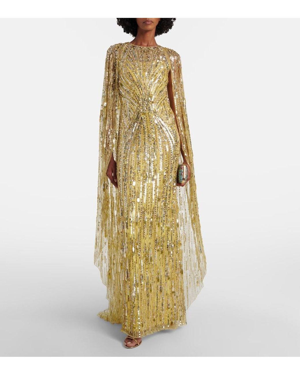 Jenny Packham Metallic Elio Embellished Caped Gown