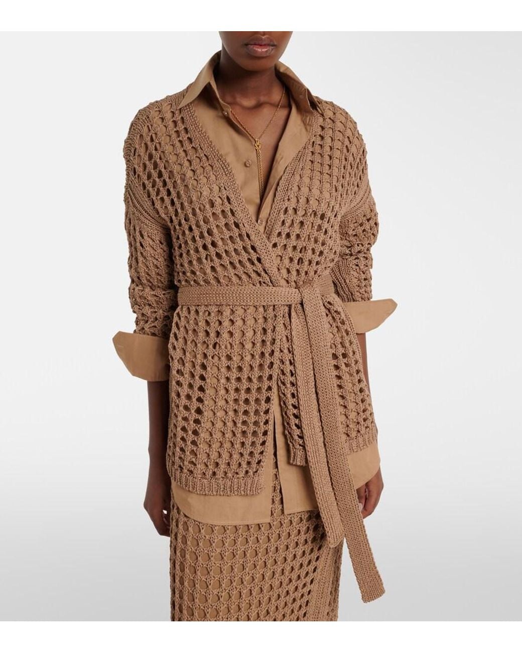 Max Mara Brown Gelo Open-Knit Cotton Wrap Cardigan