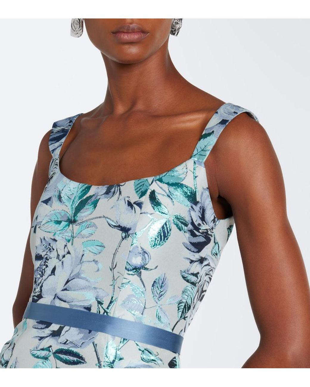 Markarian Blue Robin Belted Floral Brocade Gown