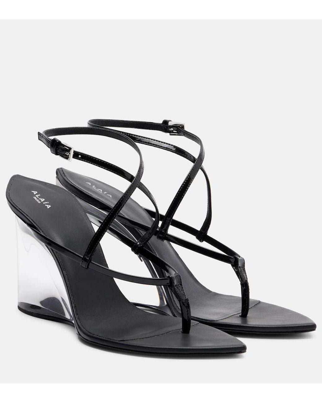 Alaïa Black Patent Leather Wedge Thong Sandals