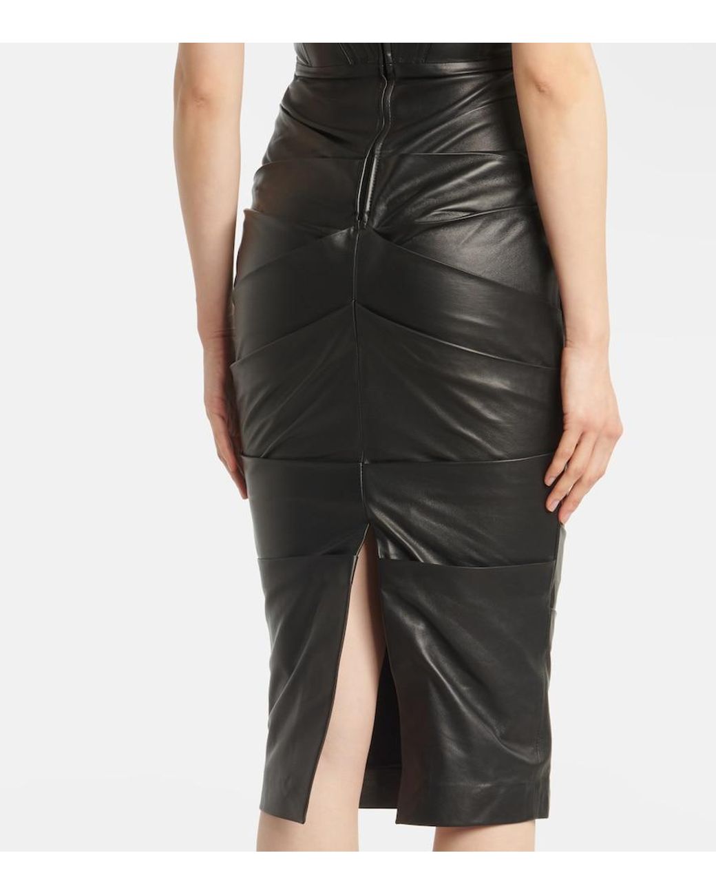 Alex Perry Black Ruched Leather Midi Dress