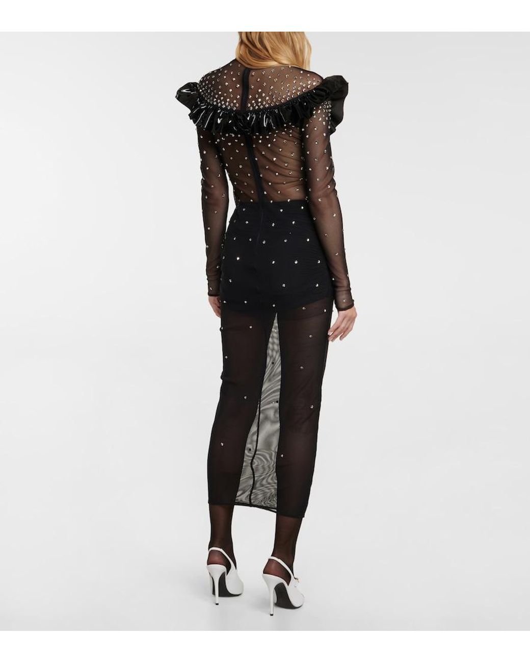 Alessandra Rich Gray Embellished Mesh Midi Dress