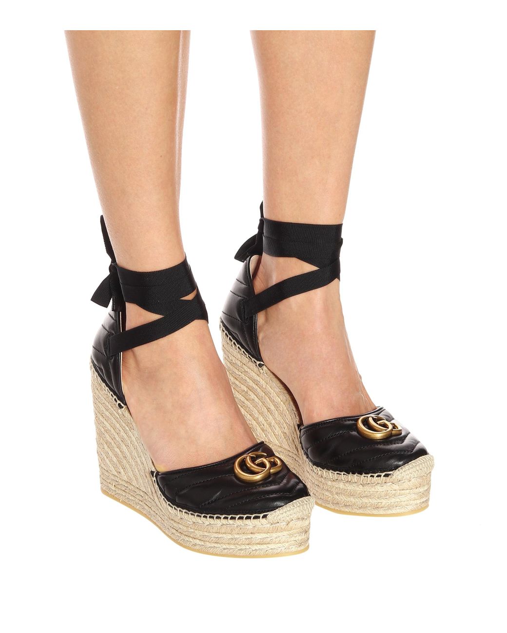 Gucci Double G Leather Espadrille Wedges in Black | Lyst