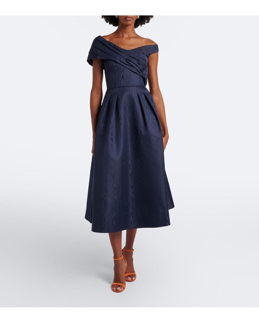 Rebecca Vallance Blue Sapphire Asymmetric Off-Shoulder Midi Dress